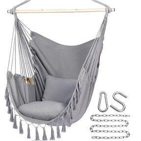 Hammock Chair Hanging Rope Swing, Max 500 Lbs, 2 Cushions Included, Large Macrame Hanging Chair with Pocket for Superior Comfort, with Hardware Kit,