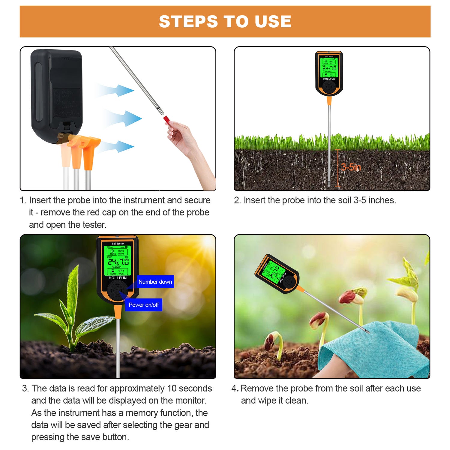 Soilphu digital 6 in 1 soil meter, soil pH test kit with data storage