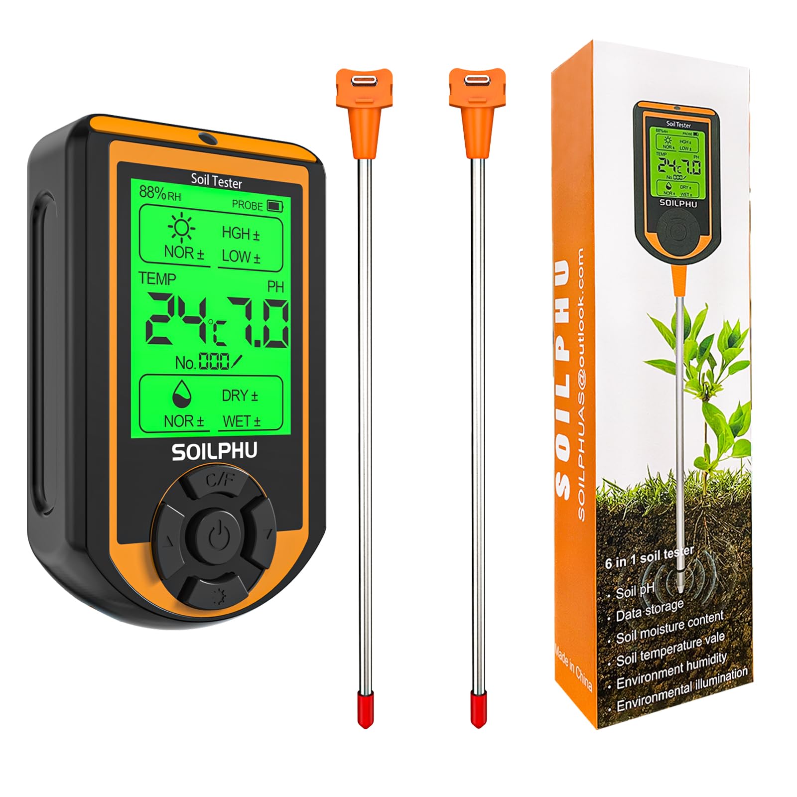 Soilphu digital 6 in 1 soil moisture meter, soil pH tester, LCD screen display, battery power supply, data storage Soilphu